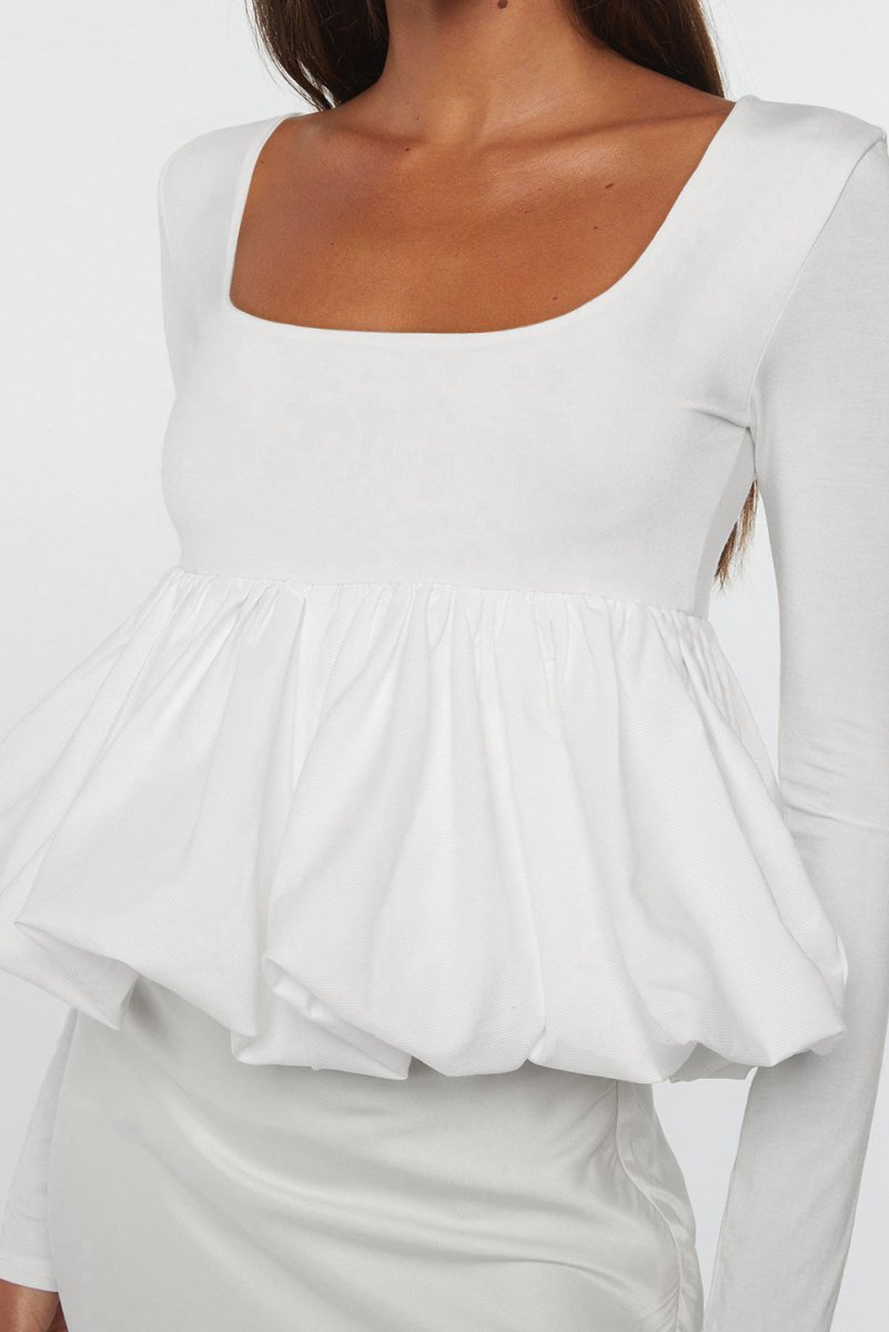 White U Neck Long Sleeve Bubble Hem Top for Women - Love Salve